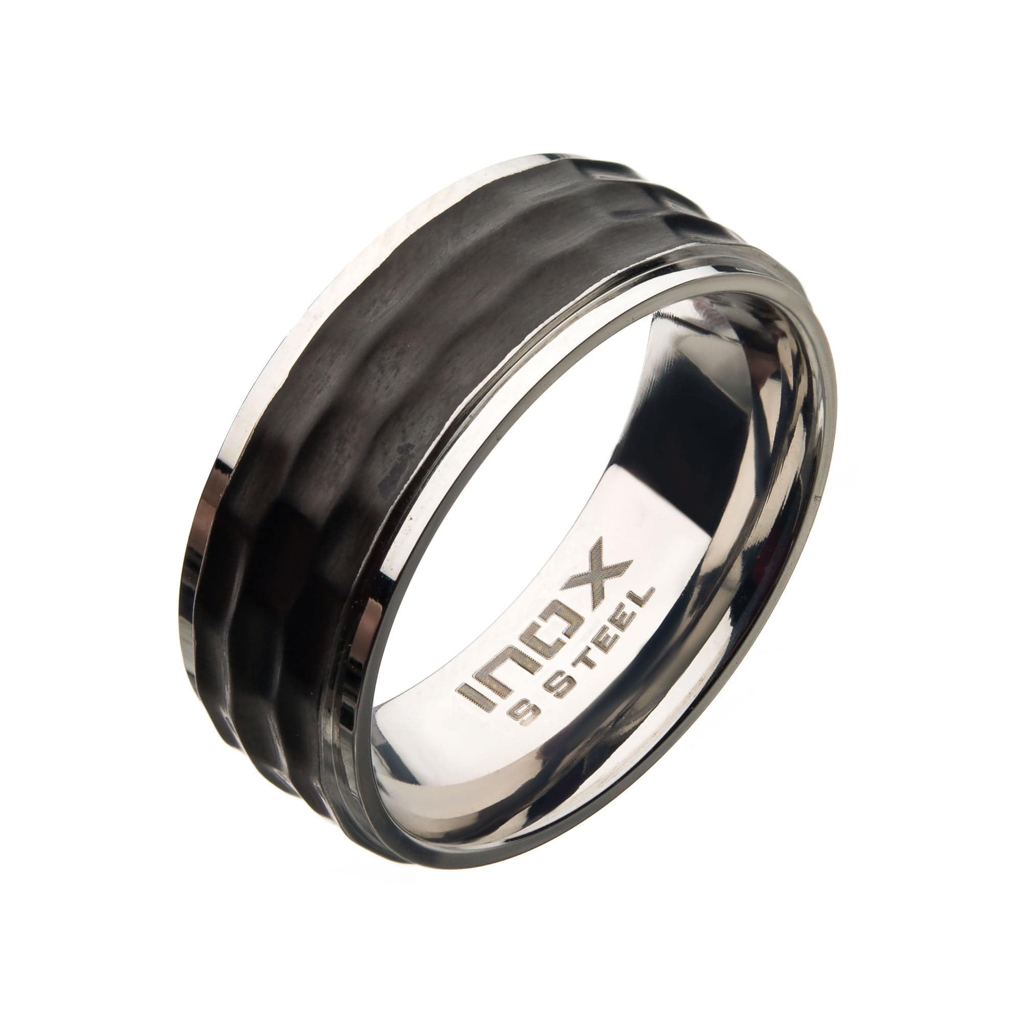 Buy Stainless Steel Matte Finish Hammered Design Inlaid Band Ring