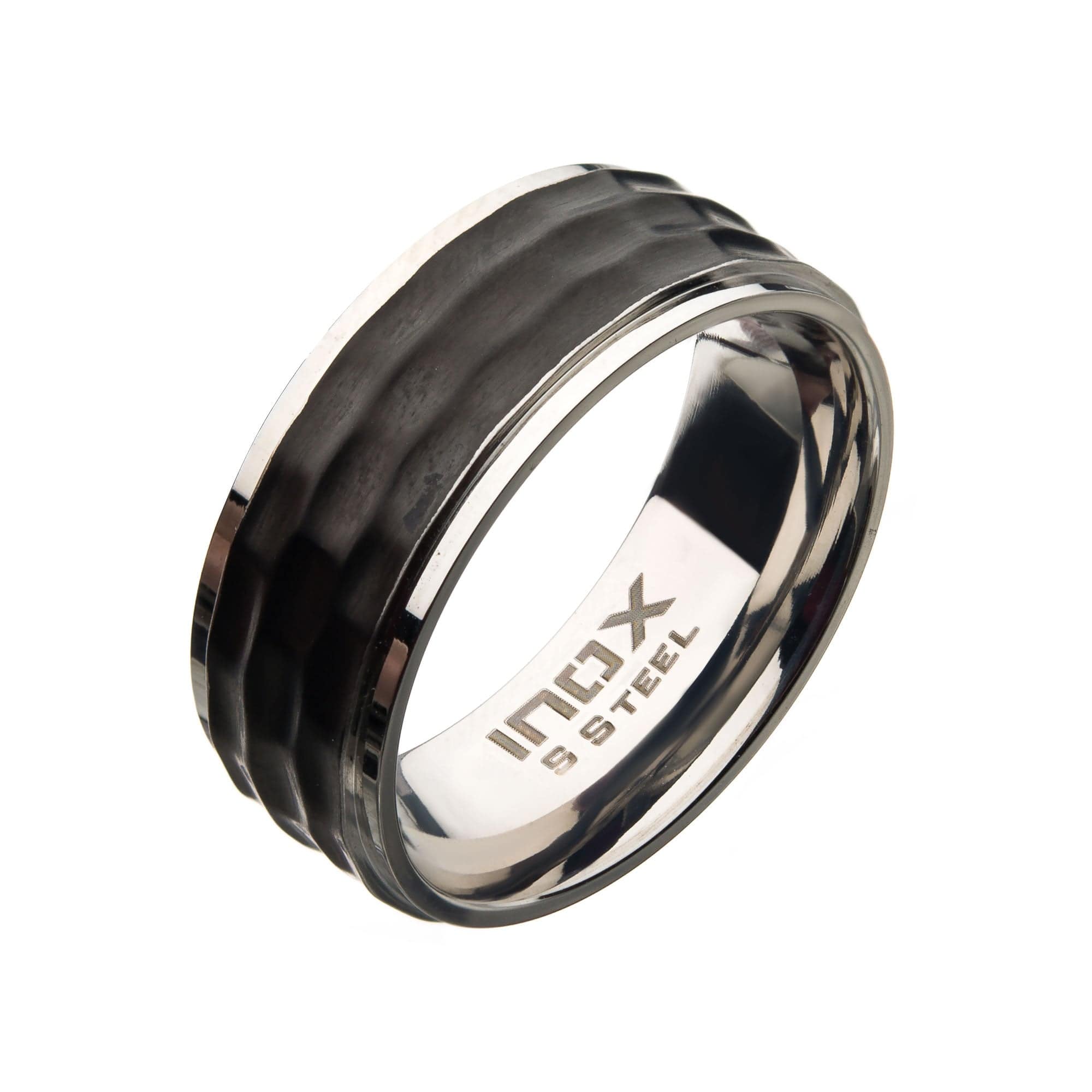 INOX JEWELRY Rings Black and Silver Tone Stainless Steel Matte Finish Hammered Design Inlaid Band Ring