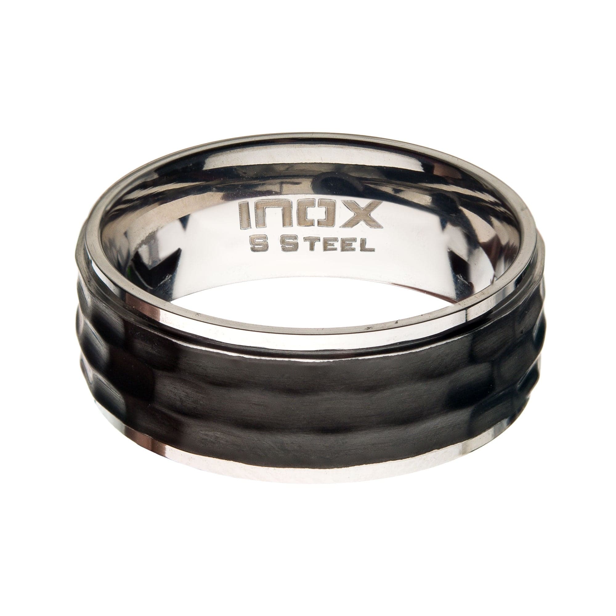 INOX JEWELRY Rings Black and Silver Tone Stainless Steel Matte Finish Hammered Design Inlaid Band Ring