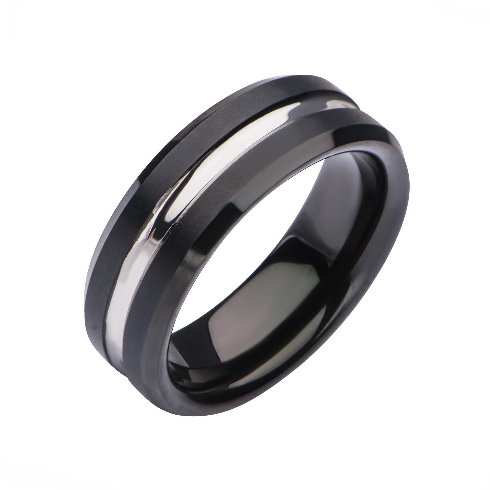 INOX JEWELRY Rings Black and Silver Tone Stainless Steel Modern Clean Line Nero Band Ring