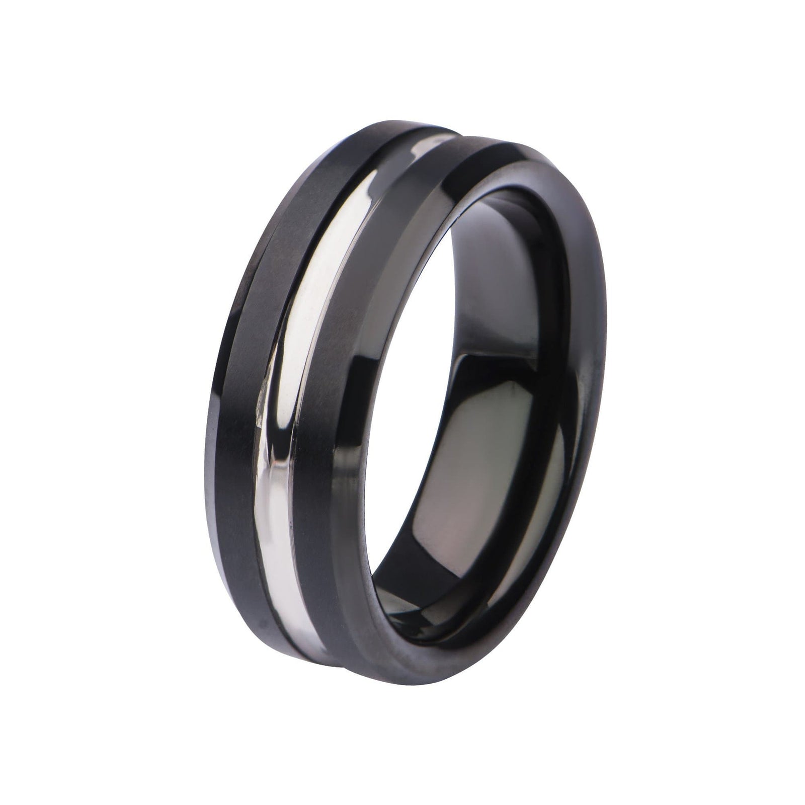 INOX JEWELRY Rings Black and Silver Tone Stainless Steel Modern Clean Line Nero Band Ring
