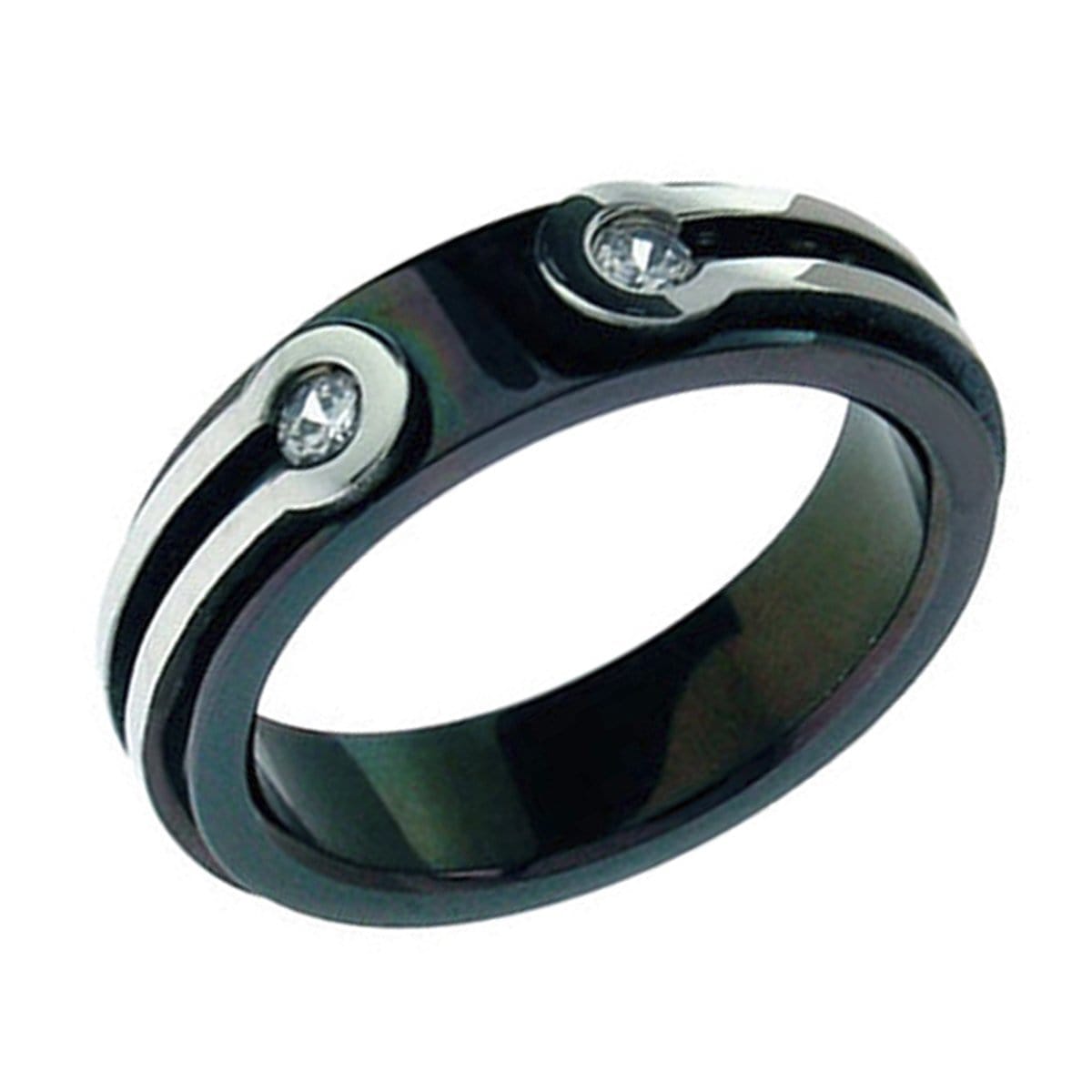 INOX JEWELRY Rings Black and Silver Tone Stainless Steel Modern Loop Line with Crystal Band