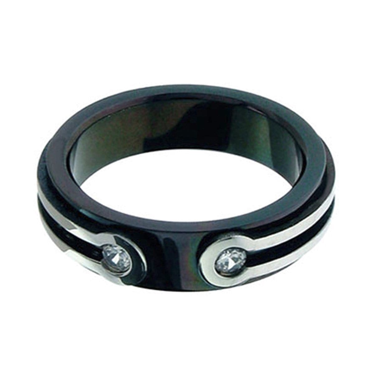 INOX JEWELRY Rings Black and Silver Tone Stainless Steel Modern Loop Line with Crystal Band