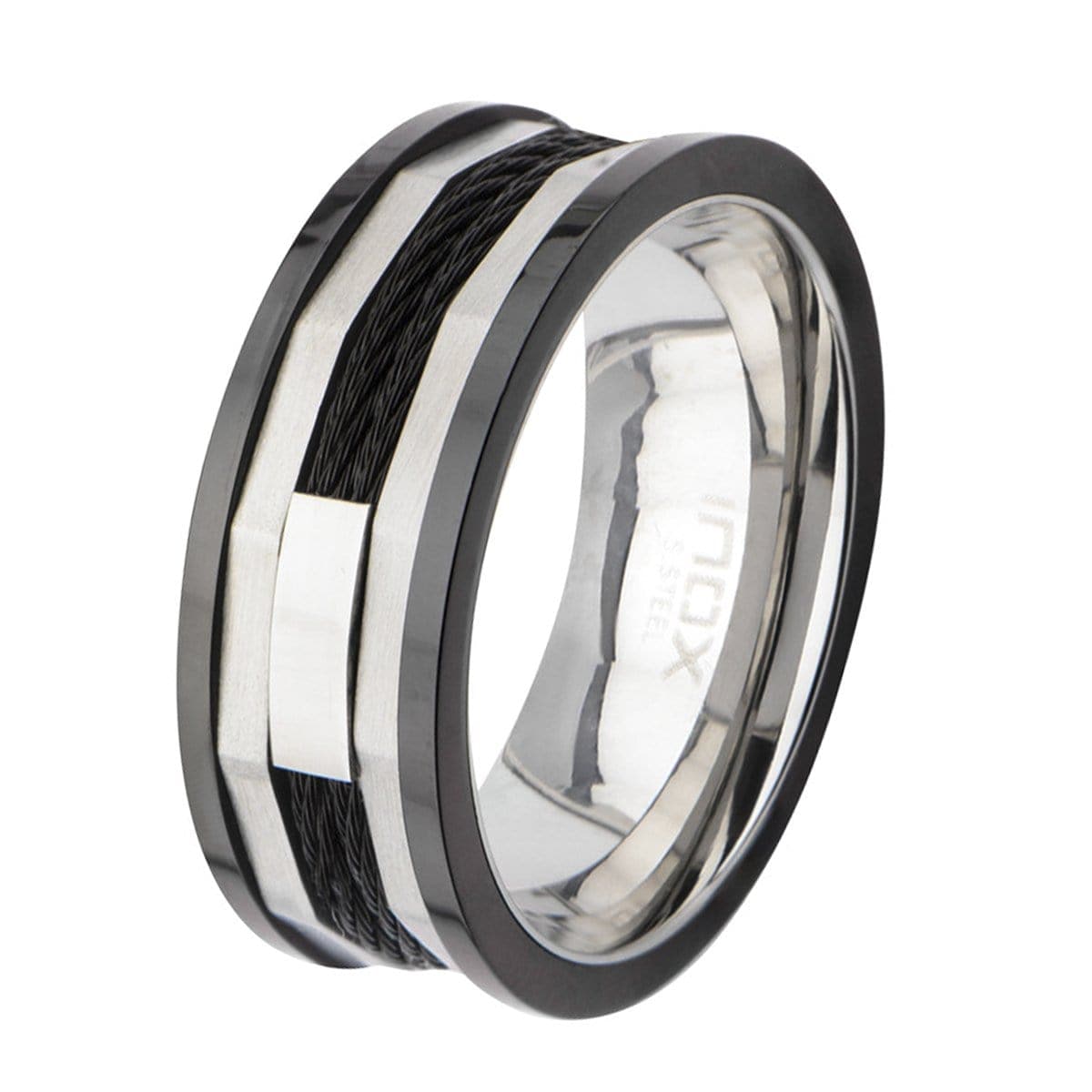 INOX JEWELRY Rings Black and Silver Tone Stainless Steel Partial Exposed Double Cable Ring
