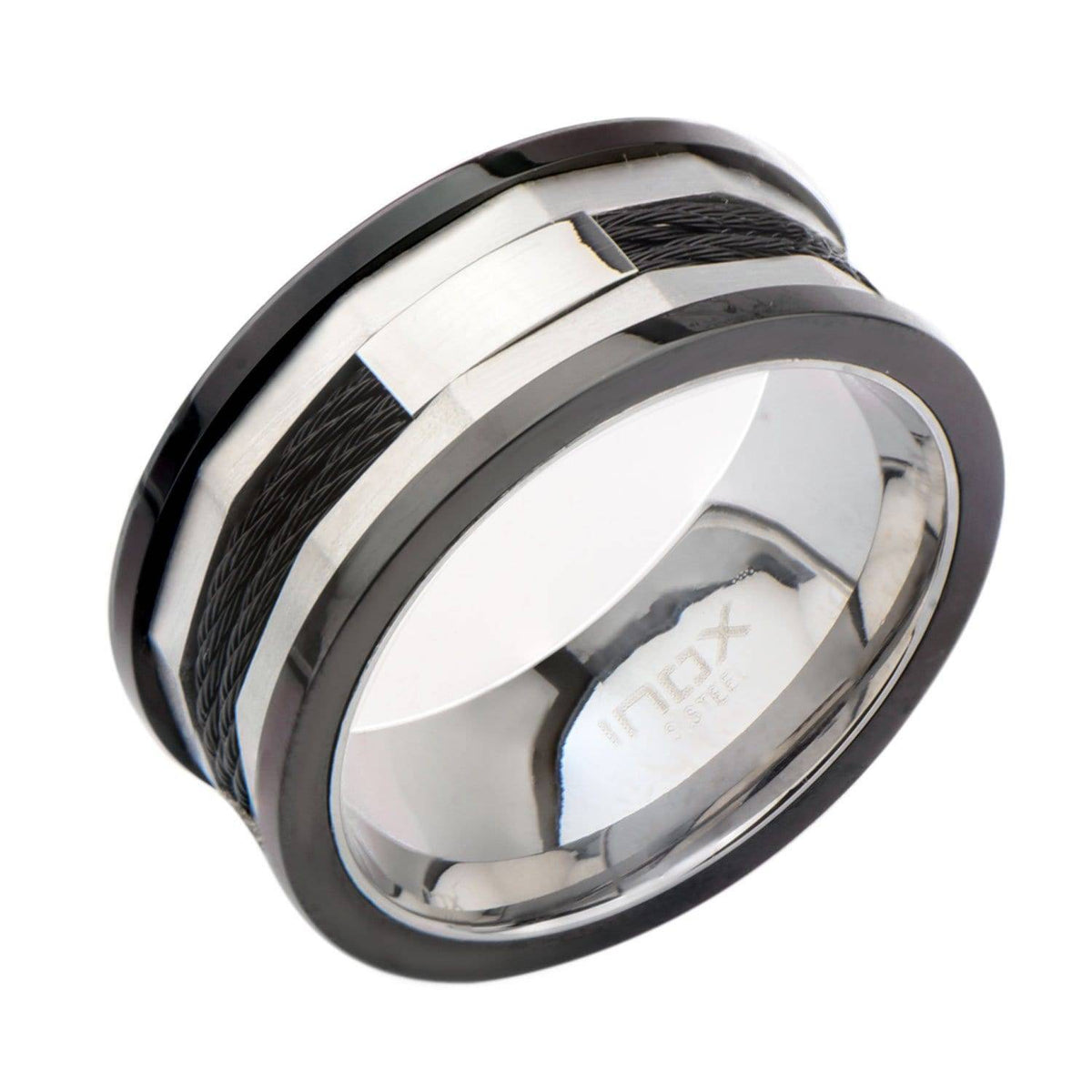 INOX JEWELRY Rings Black and Silver Tone Stainless Steel Partial Exposed Double Cable Ring