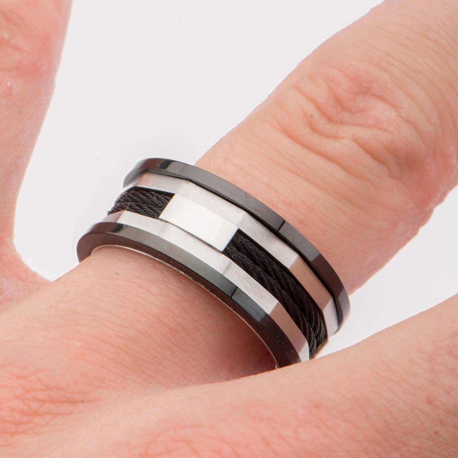 INOX JEWELRY Rings Black and Silver Tone Stainless Steel Partial Exposed Double Cable Ring