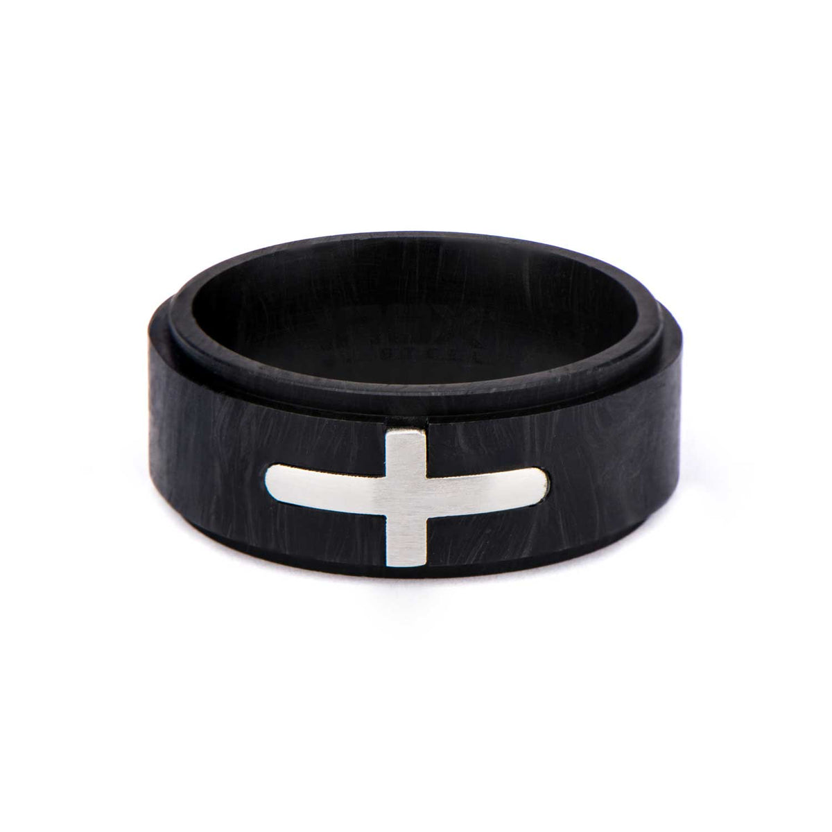 INOX JEWELRY Rings Black and Silver Tone Stainless Steel Religious Cross Inlaid Solid Carbon Graphite Band Ring