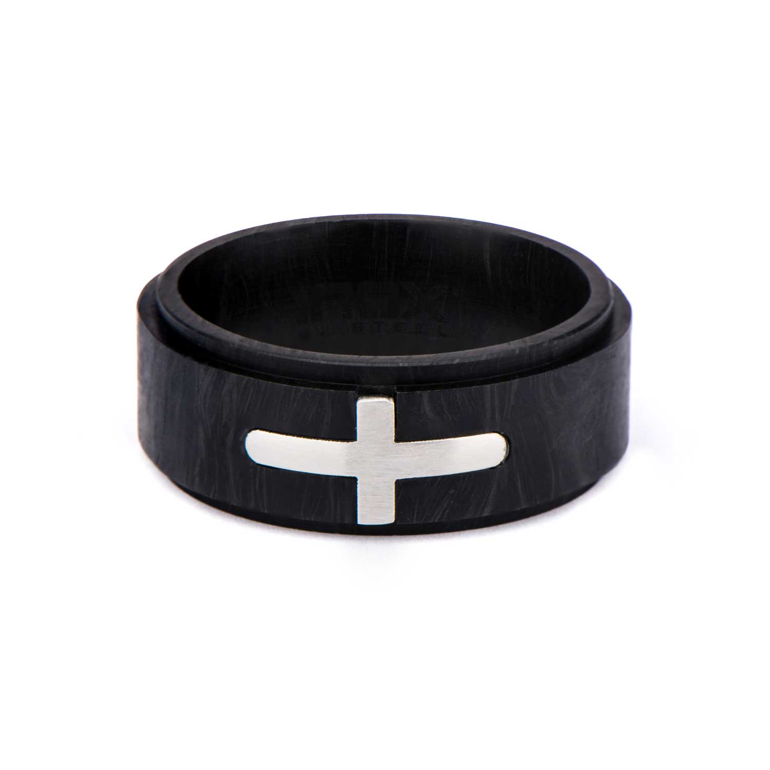 INOX JEWELRY Rings Black and Silver Tone Stainless Steel Religious Cross Inlaid Solid Carbon Graphite Band Ring