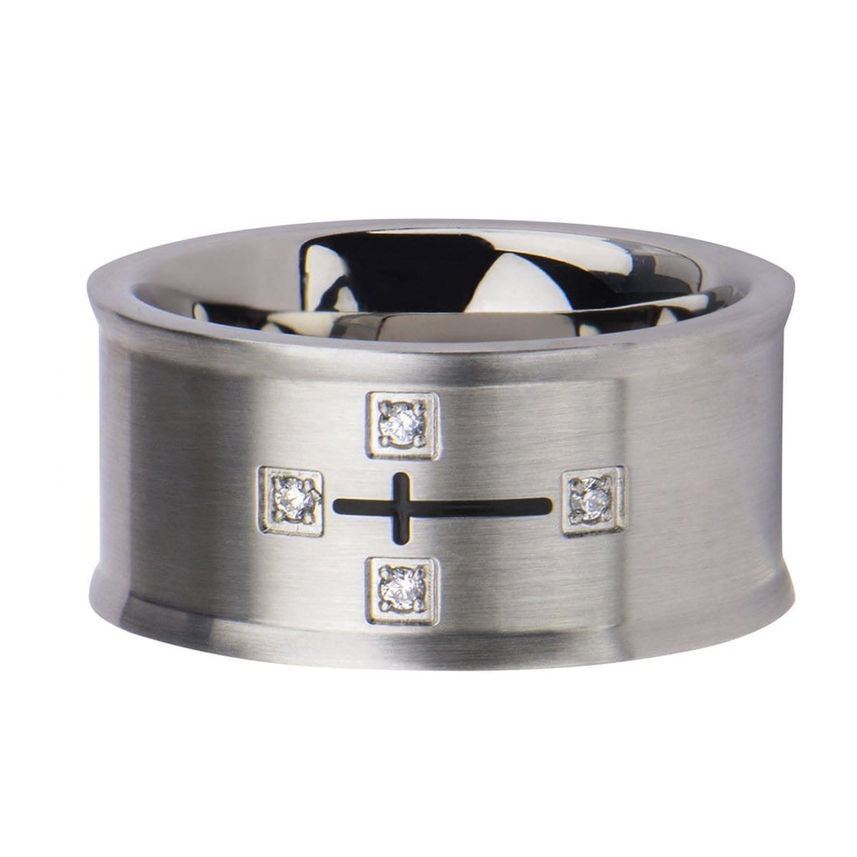 INOX JEWELRY Rings Black and Silver Tone Stainless Steel Religious Cross with Four CZ Band