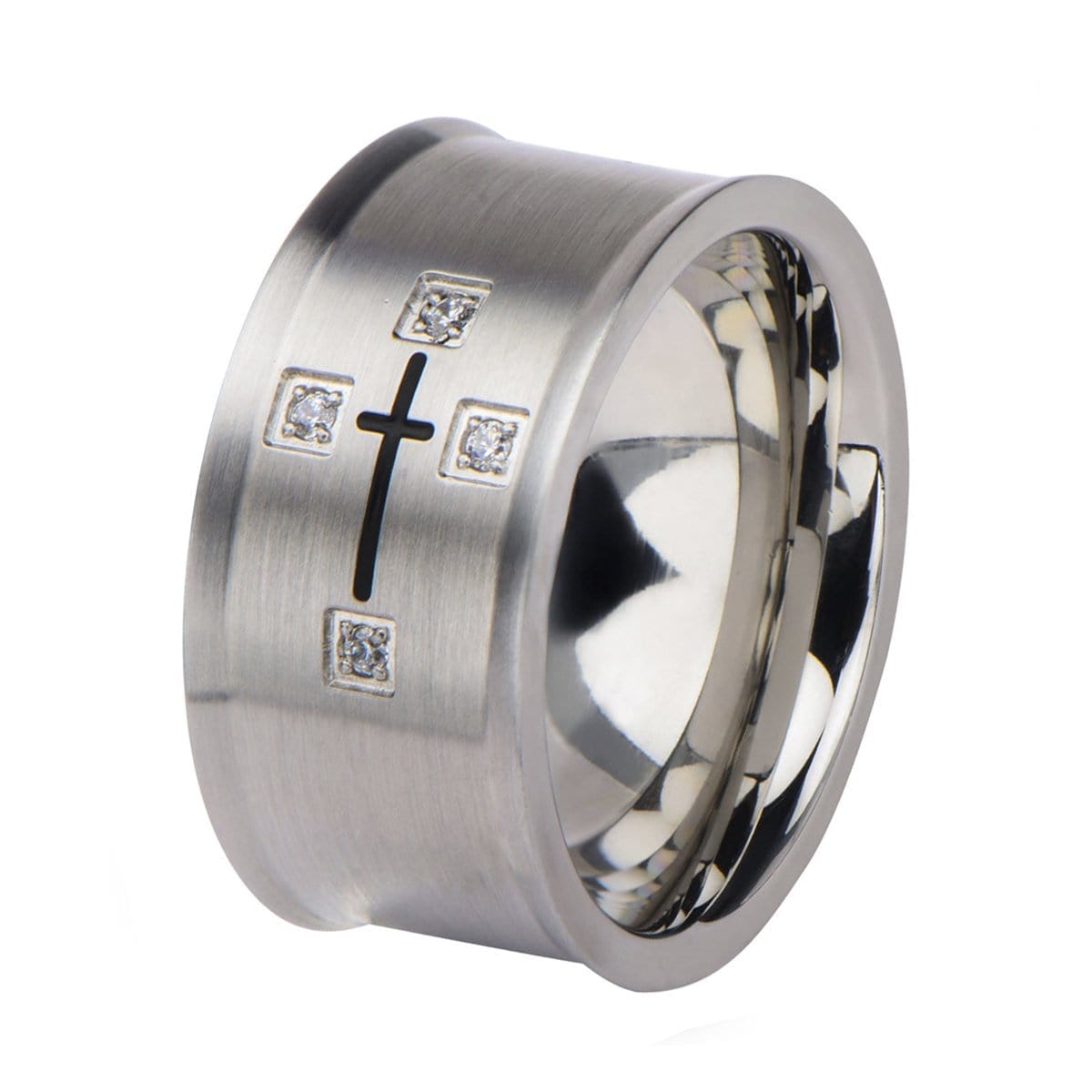 INOX JEWELRY Rings Black and Silver Tone Stainless Steel Religious Cross with Four CZ Band