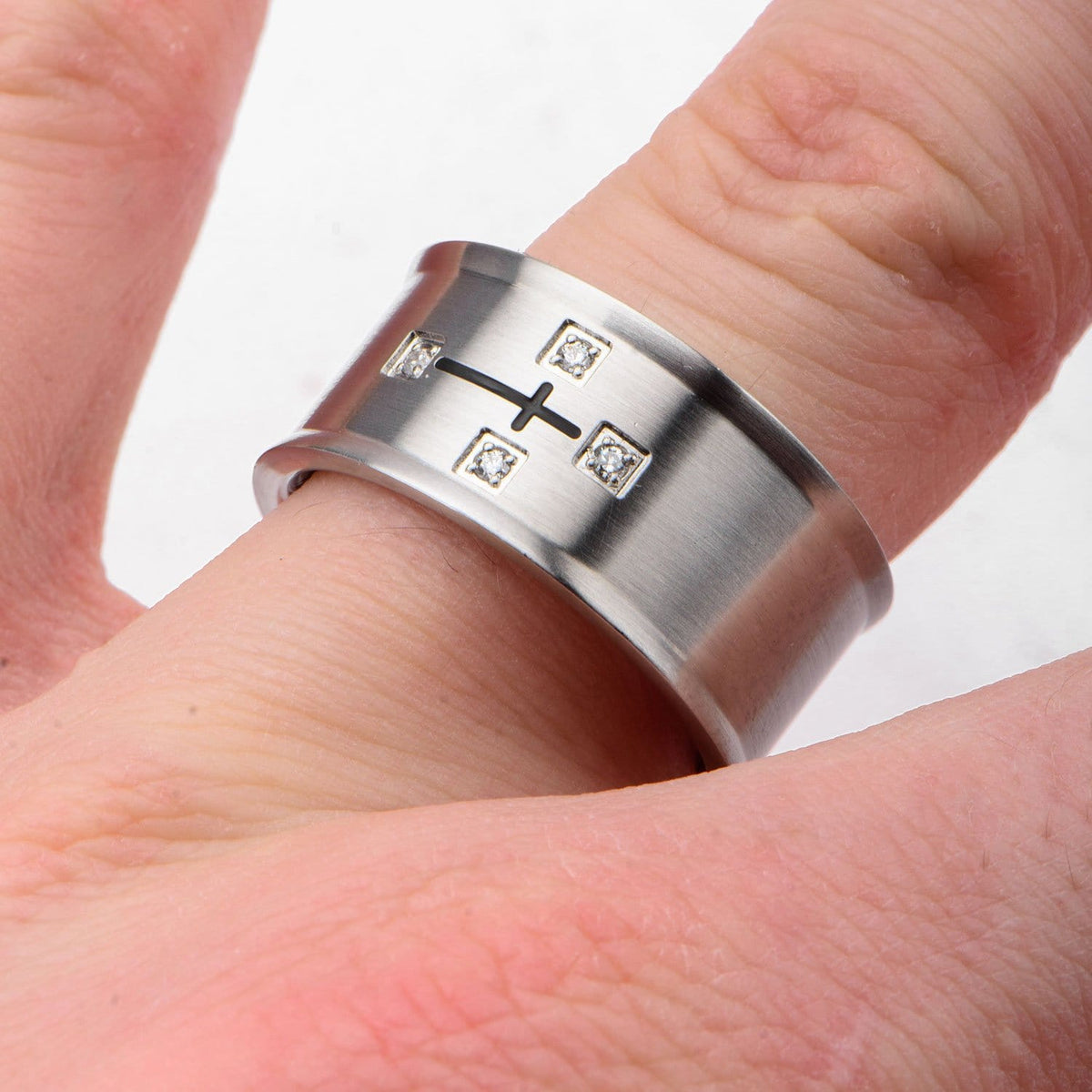 INOX JEWELRY Rings Black and Silver Tone Stainless Steel Religious Cross with Four CZ Band