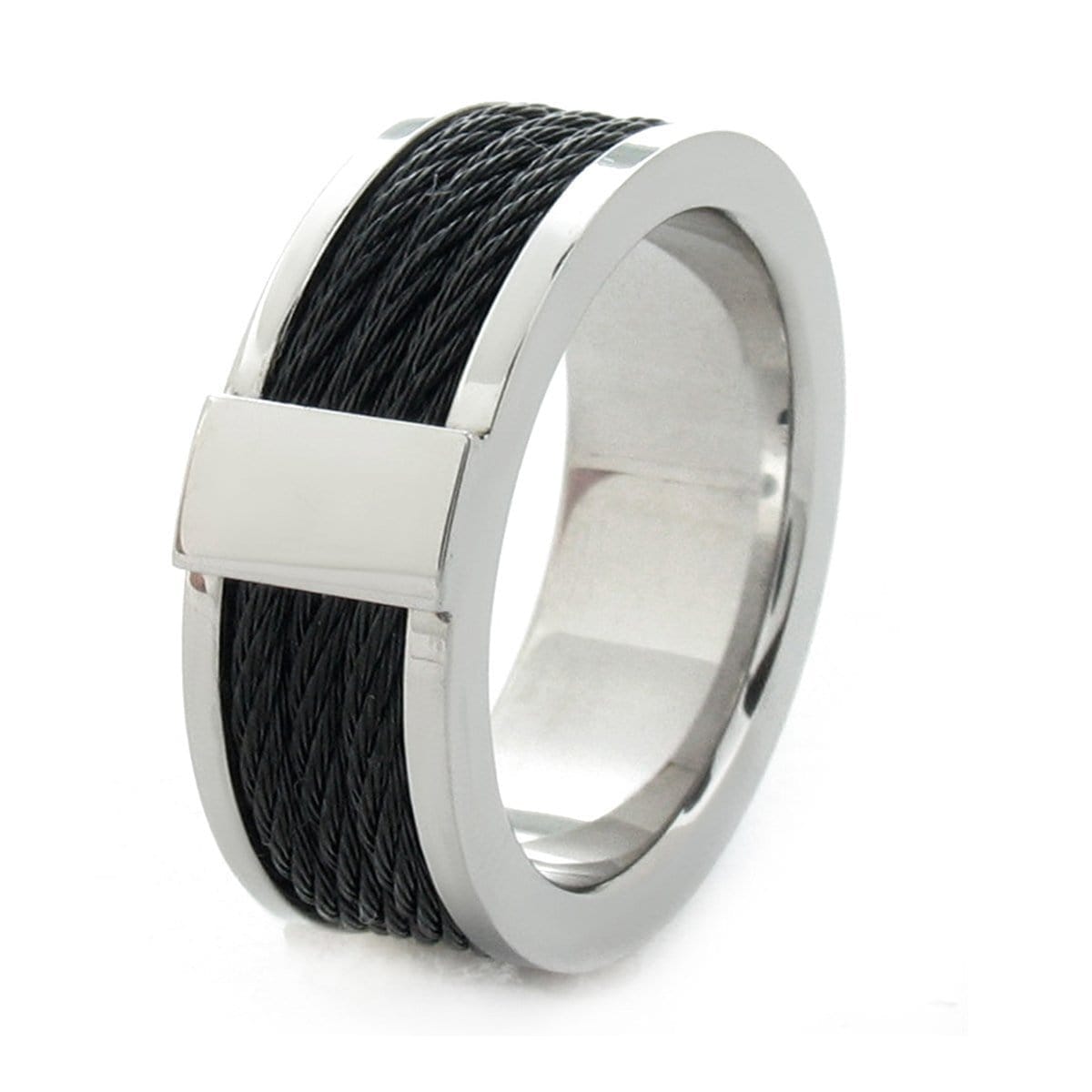 INOX JEWELRY Rings Black and Silver Tone Stainless Steel Ring with Three Inlaid Cables