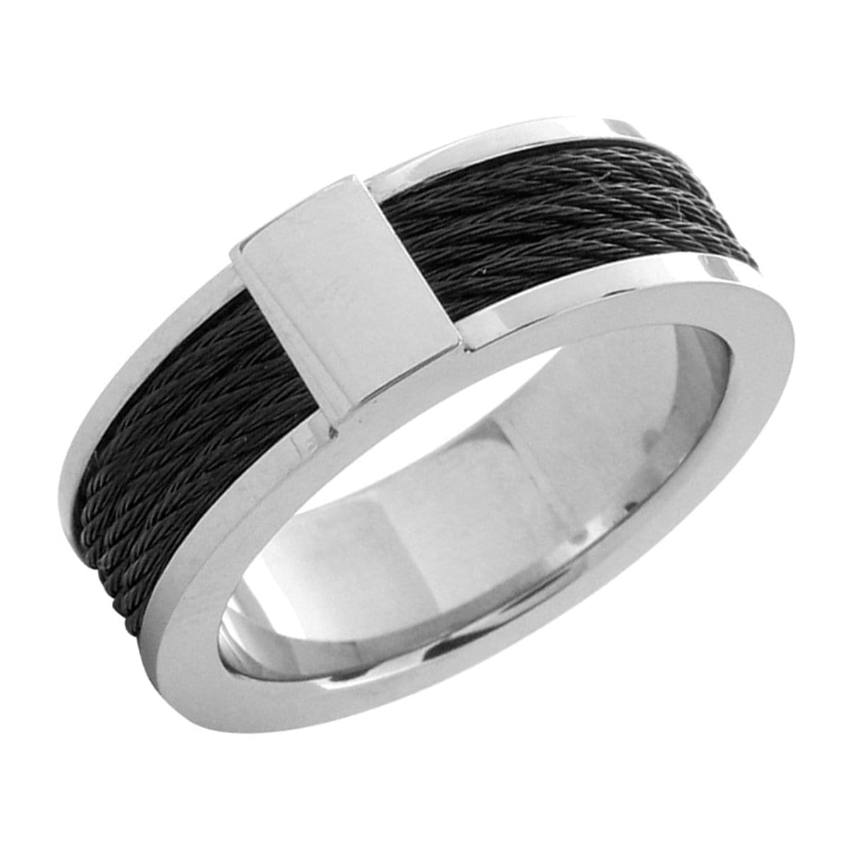INOX JEWELRY Rings Black and Silver Tone Stainless Steel Ring with Three Inlaid Cables