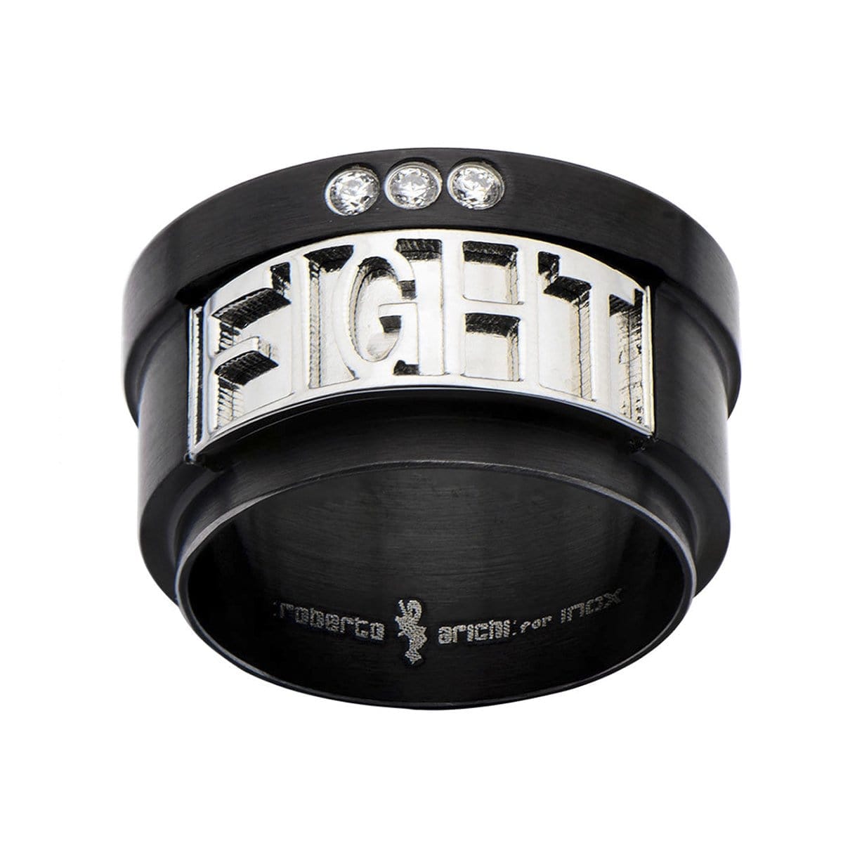 INOX JEWELRY Rings Black and Silver Tone Stainless Steel Roberto Arichi Black CZ FIGHT Ring