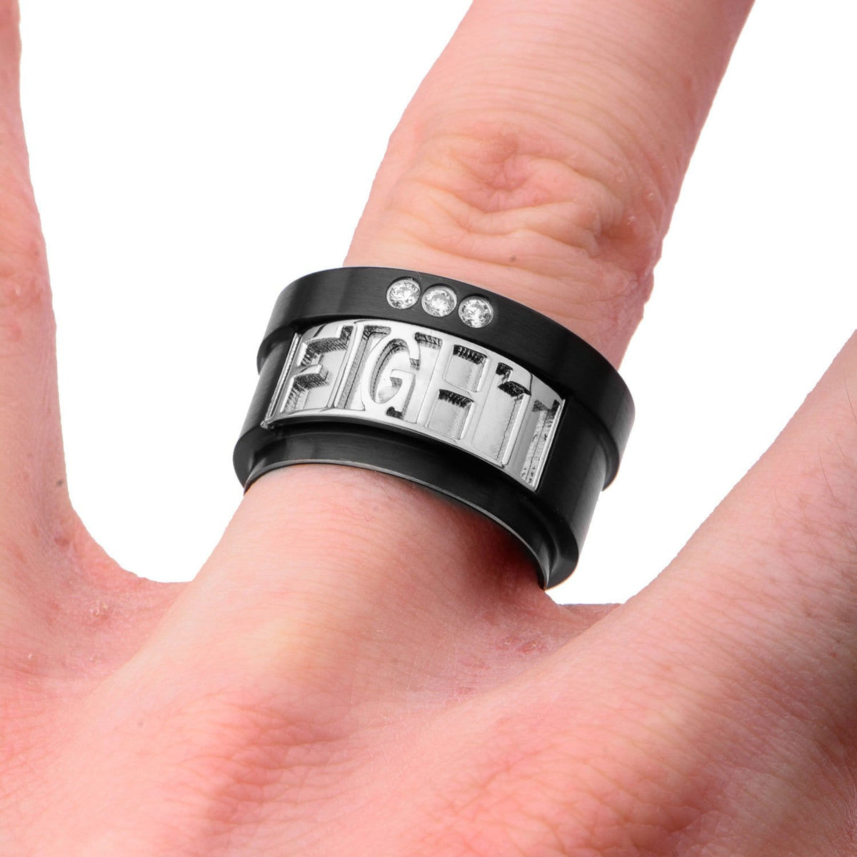 INOX JEWELRY Rings Black and Silver Tone Stainless Steel Roberto Arichi Black CZ FIGHT Ring