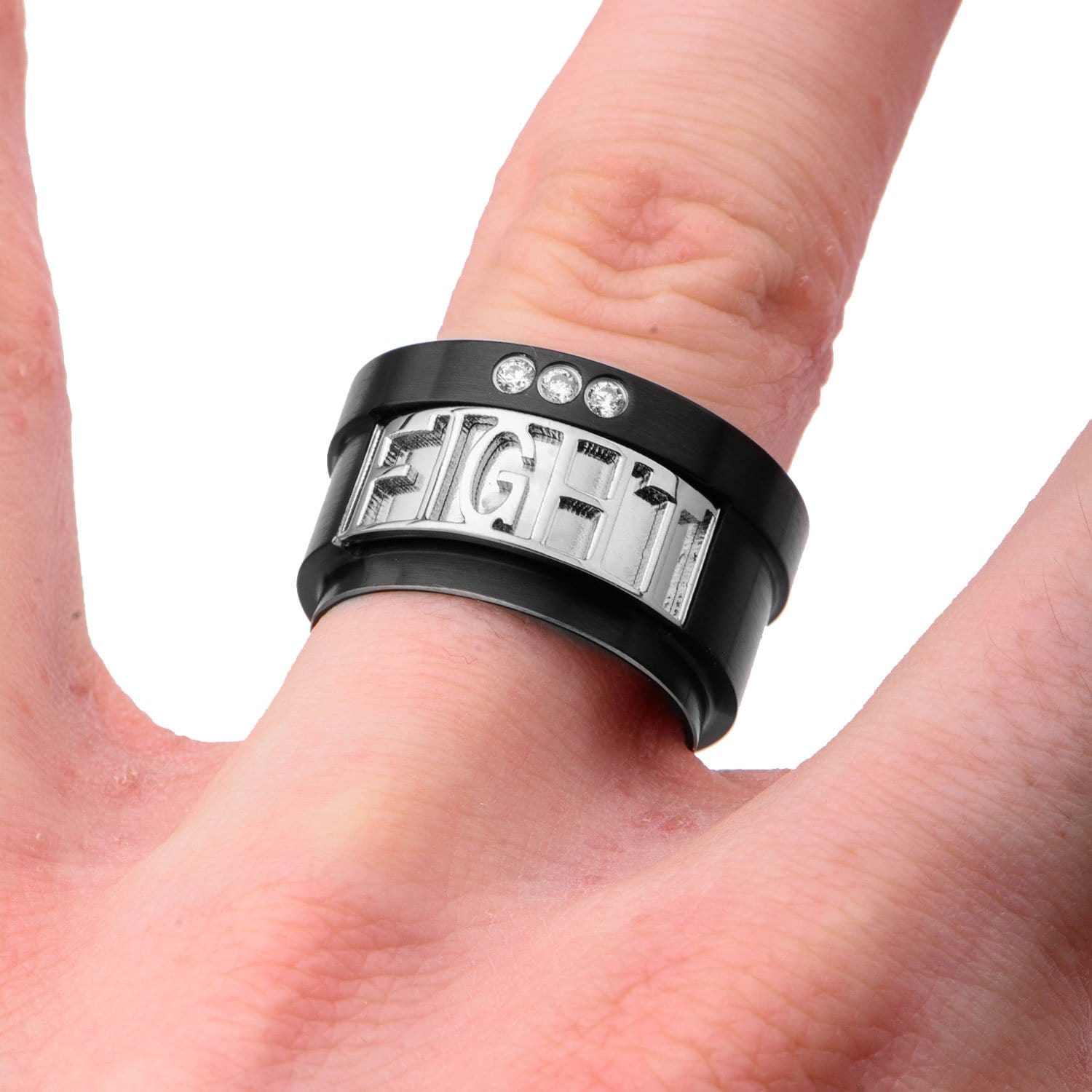 INOX JEWELRY Rings Black and Silver Tone Stainless Steel Roberto Arichi Black CZ FIGHT Ring