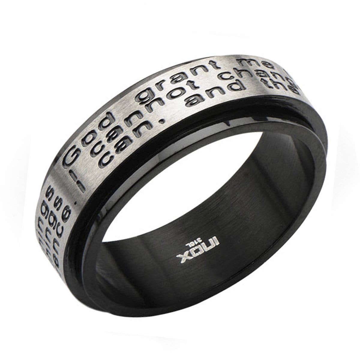 INOX JEWELRY Rings Black and Silver Tone Stainless Steel Serenity Prayer Spinner Ring