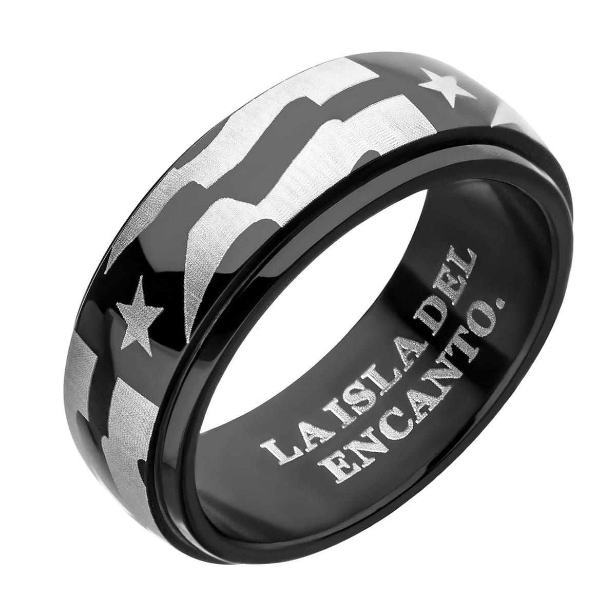 INOX JEWELRY Rings Black and Silver Tone Stainless Steel Star with Stripes Spinner Ring