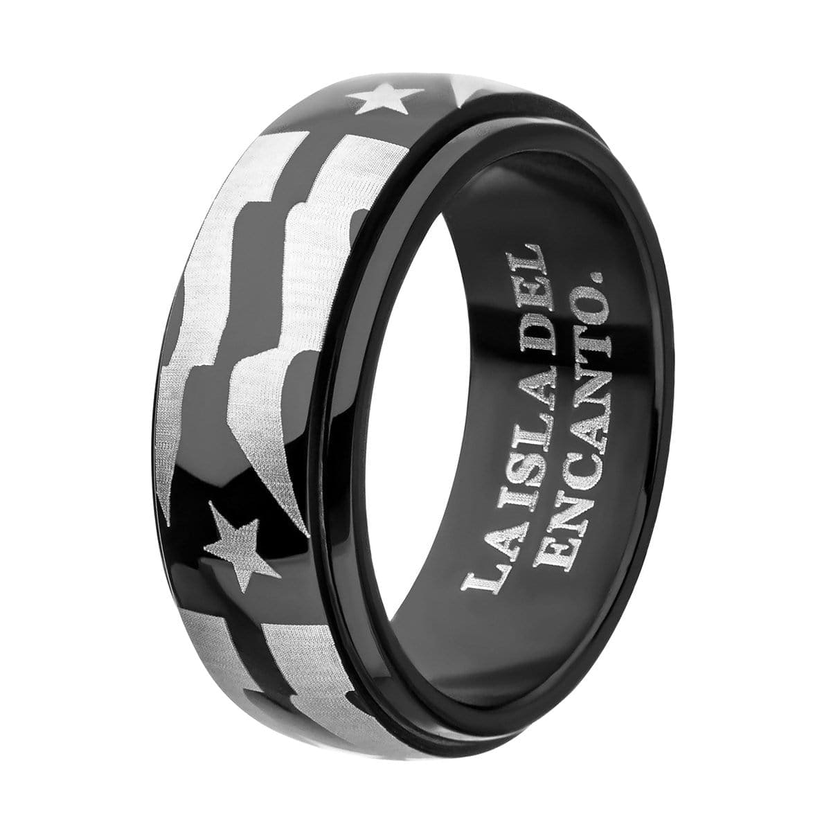 INOX JEWELRY Rings Black and Silver Tone Stainless Steel Star with Stripes Spinner Ring