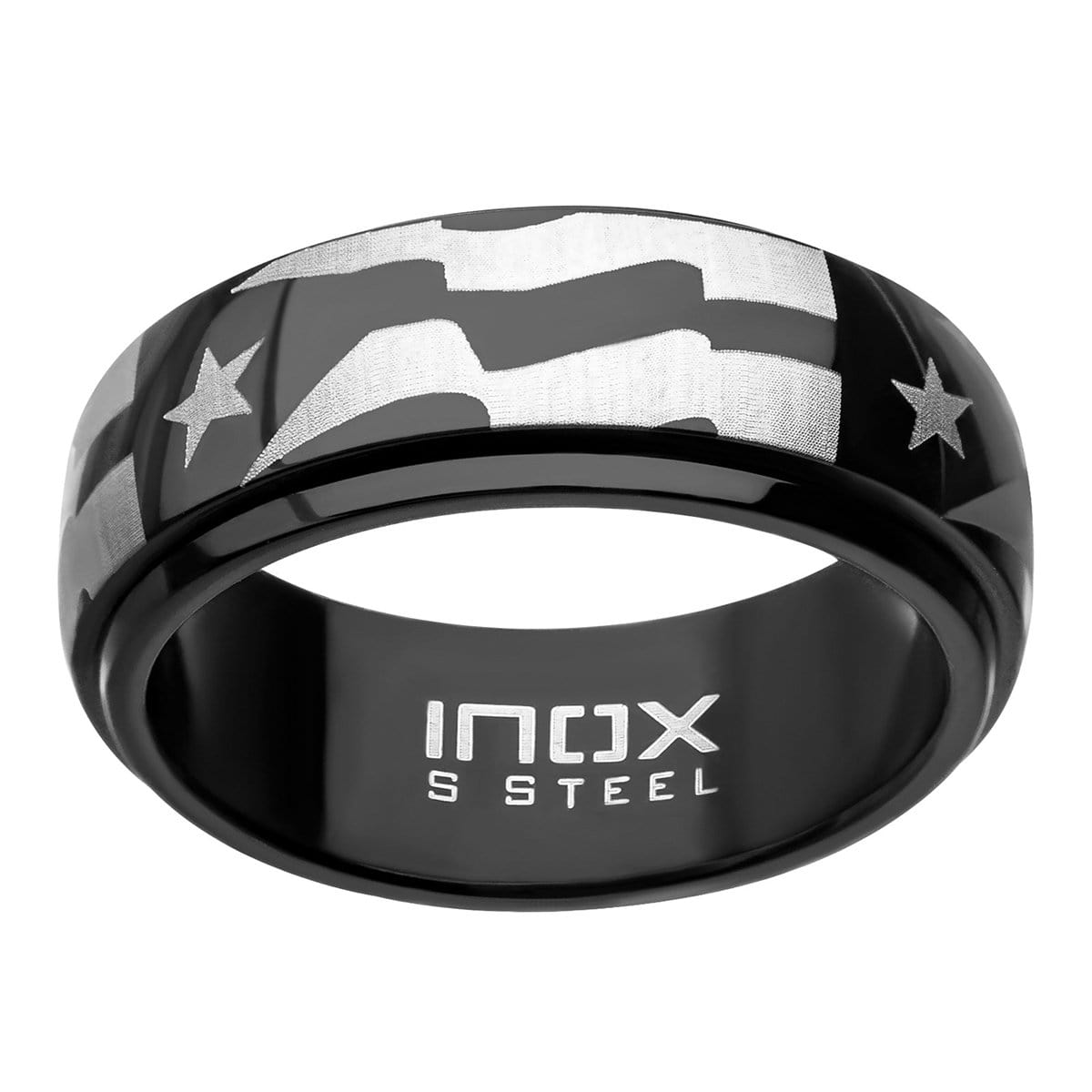 INOX JEWELRY Rings Black and Silver Tone Stainless Steel Star with Stripes Spinner Ring