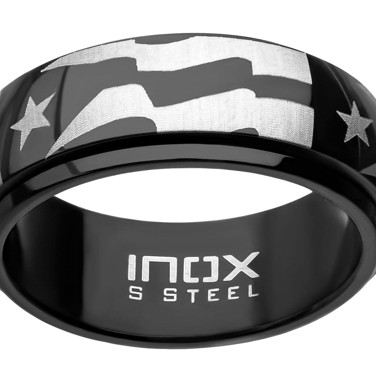 INOX JEWELRY Rings Black and Silver Tone Stainless Steel Star with Stripes Spinner Ring