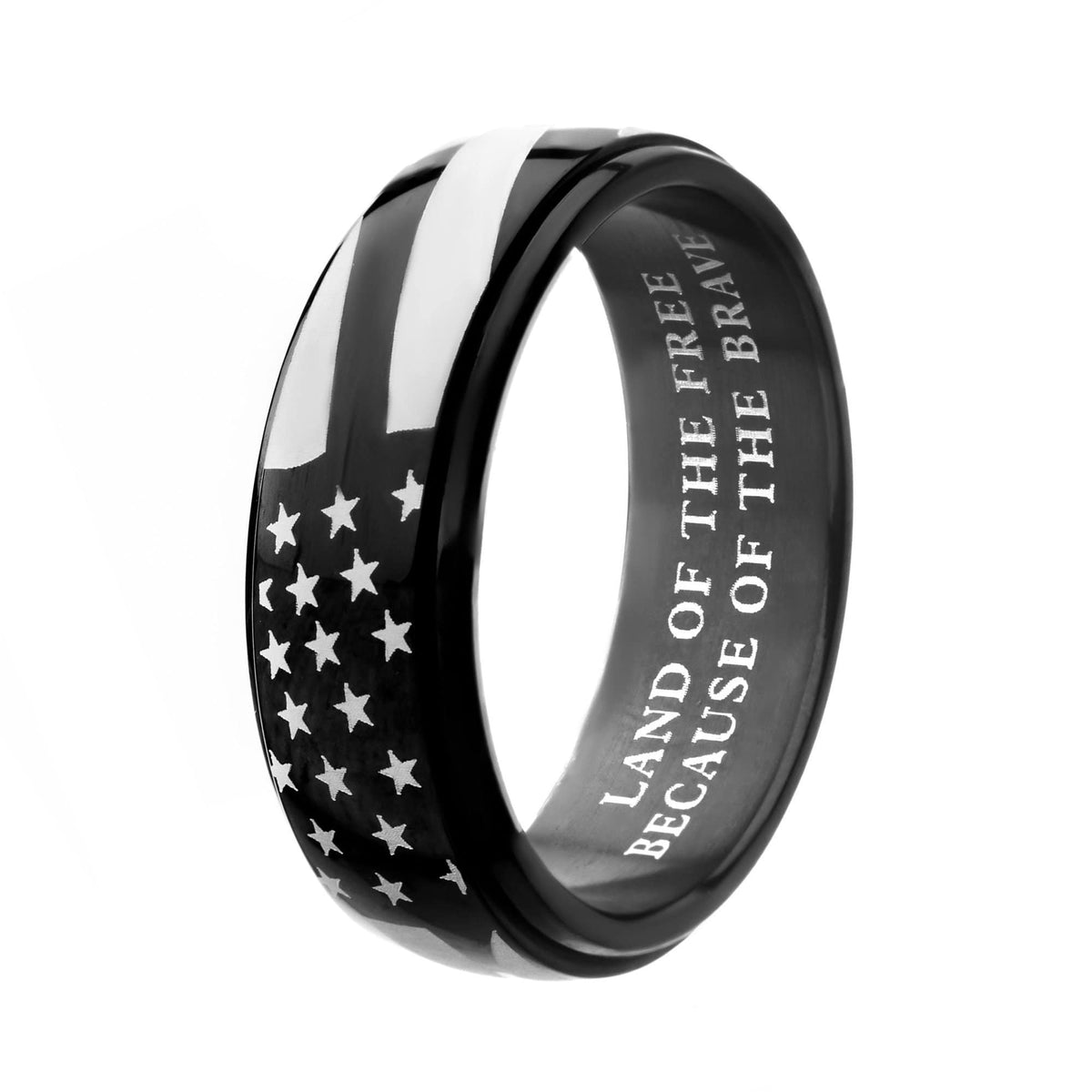 INOX JEWELRY Rings Black and Silver Tone Stainless Steel Stars with Stripes Band Ring