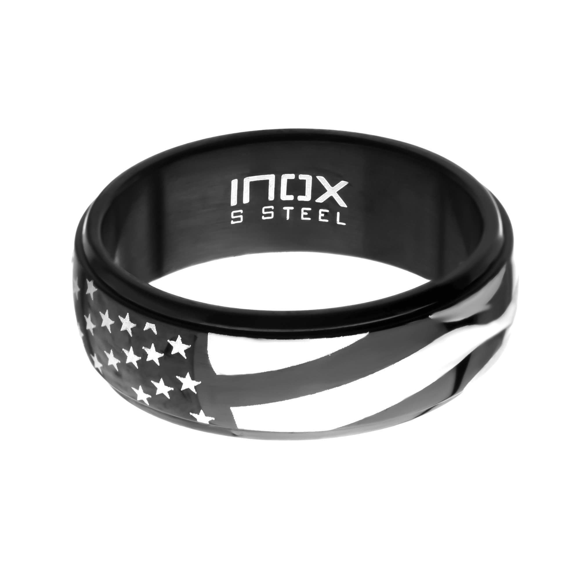 INOX JEWELRY Rings Black and Silver Tone Stainless Steel Stars with Stripes Band Ring