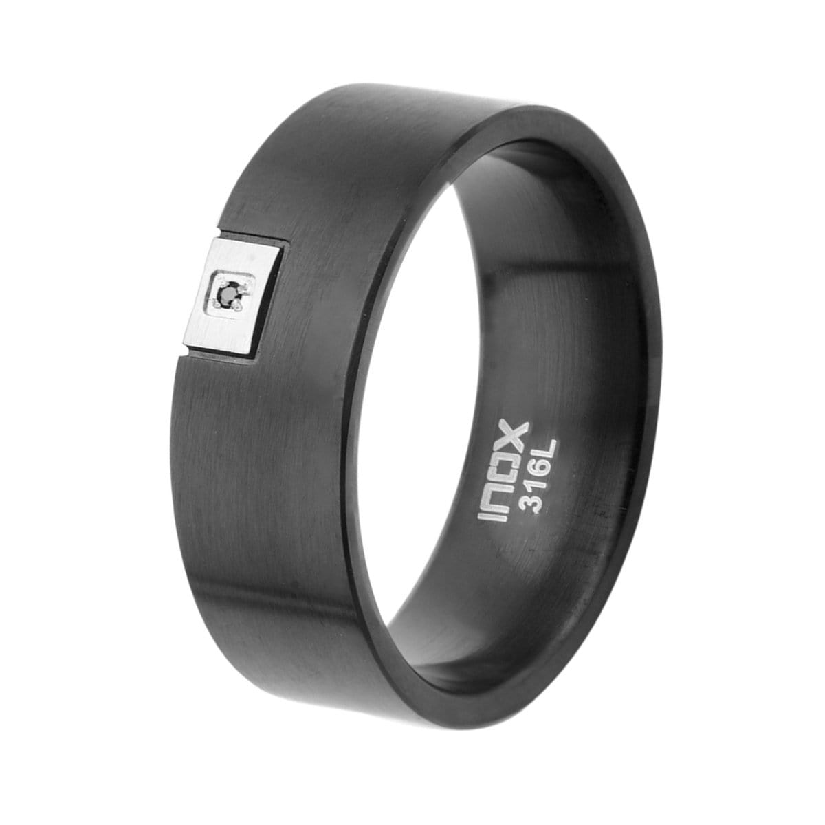 INOX JEWELRY Rings Black and Silver Tone Stainless Steel with Black Cubic Zirconia Detail Ring