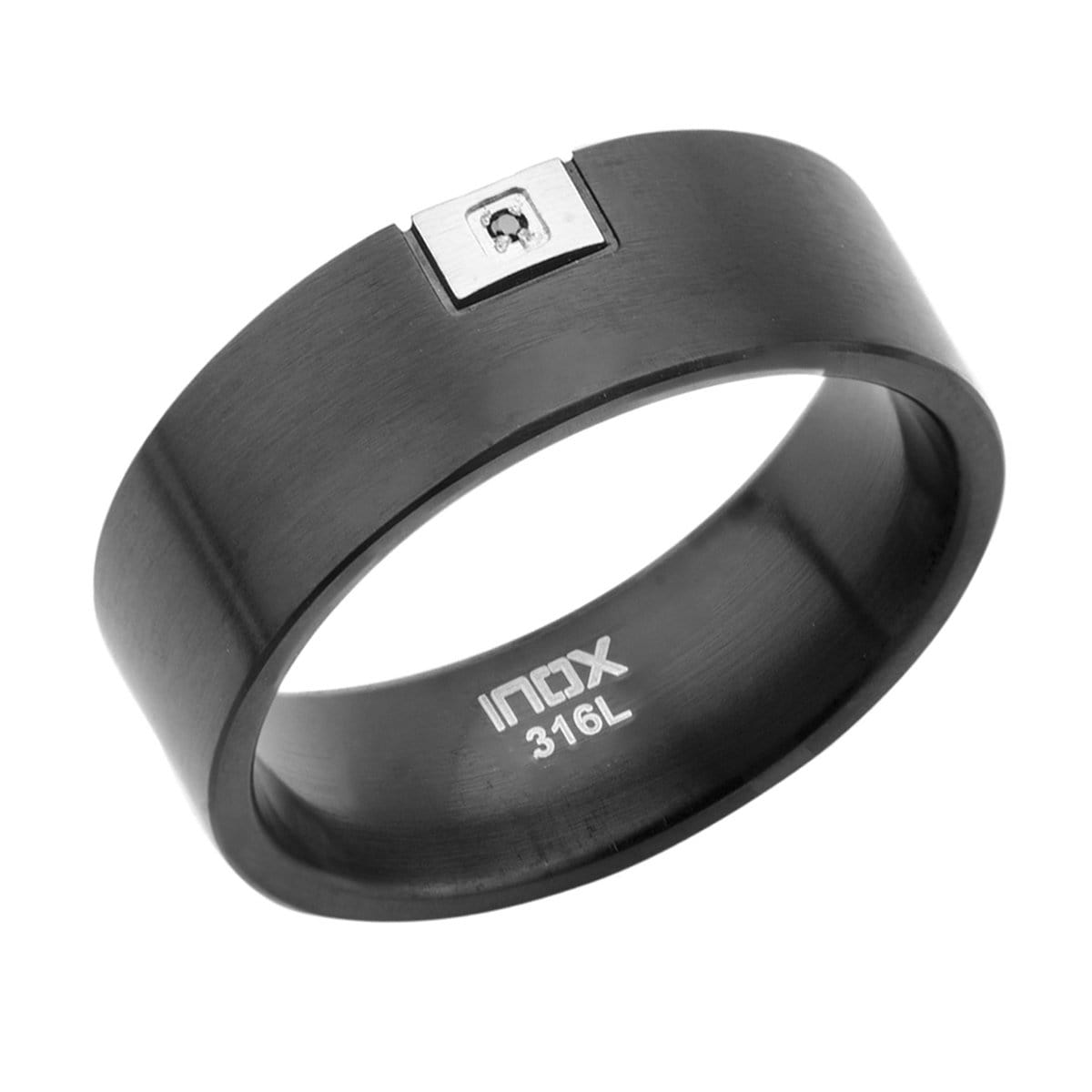 INOX JEWELRY Rings Black and Silver Tone Stainless Steel with Black Cubic Zirconia Detail Ring