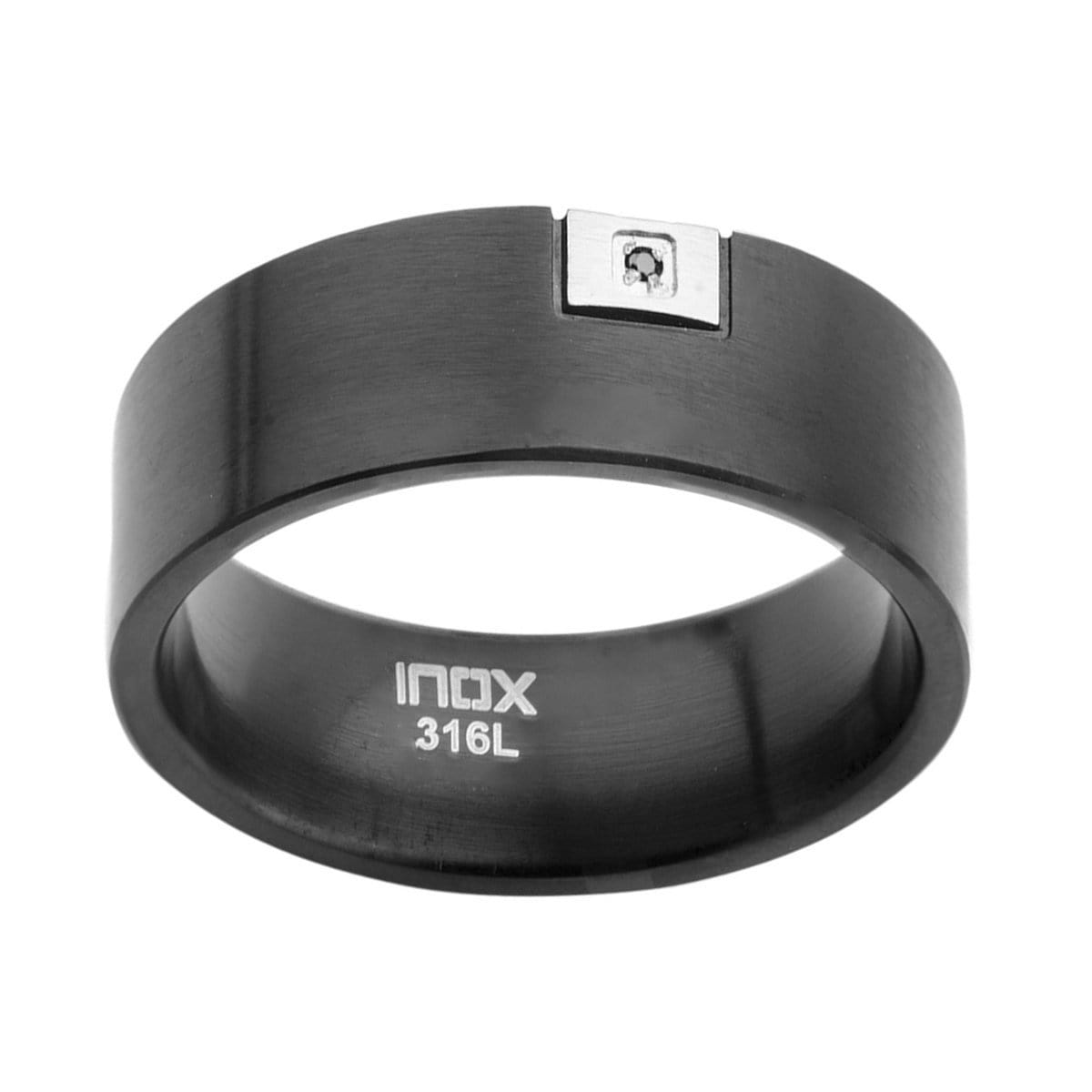 INOX JEWELRY Rings Black and Silver Tone Stainless Steel with Black Cubic Zirconia Detail Ring