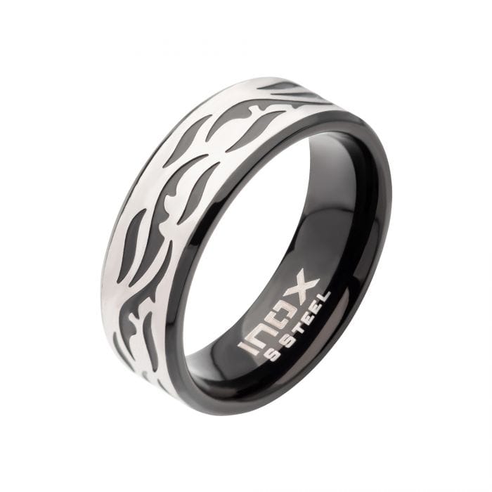 INOX JEWELRY Rings Black and Silver Tone Stainless Steel with Tribal Cut Out Design Comfort Fit Band Ring
