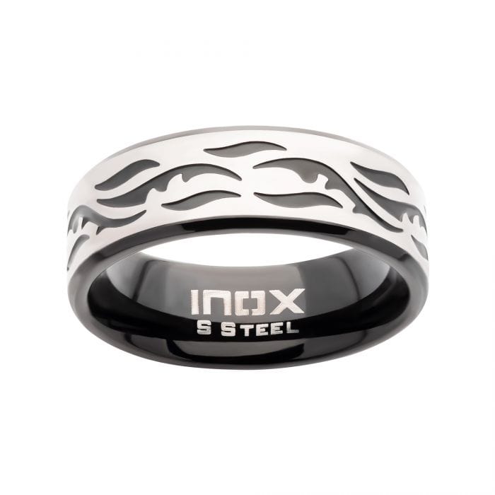 INOX JEWELRY Rings Black and Silver Tone Stainless Steel with Tribal Cut Out Design Comfort Fit Band Ring