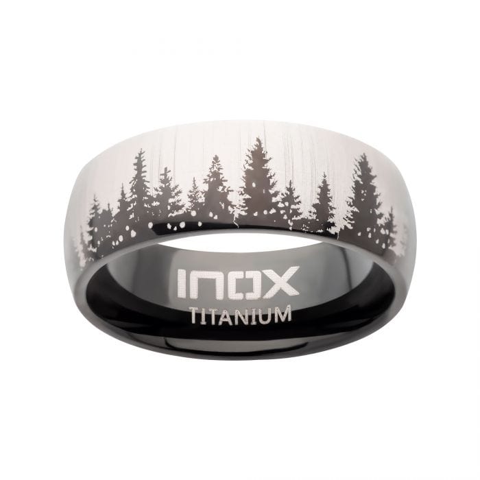 INOX JEWELRY Rings Black and Silver Tone Titanium Evergreen Forest Treeline Design Comfort Fit Ring