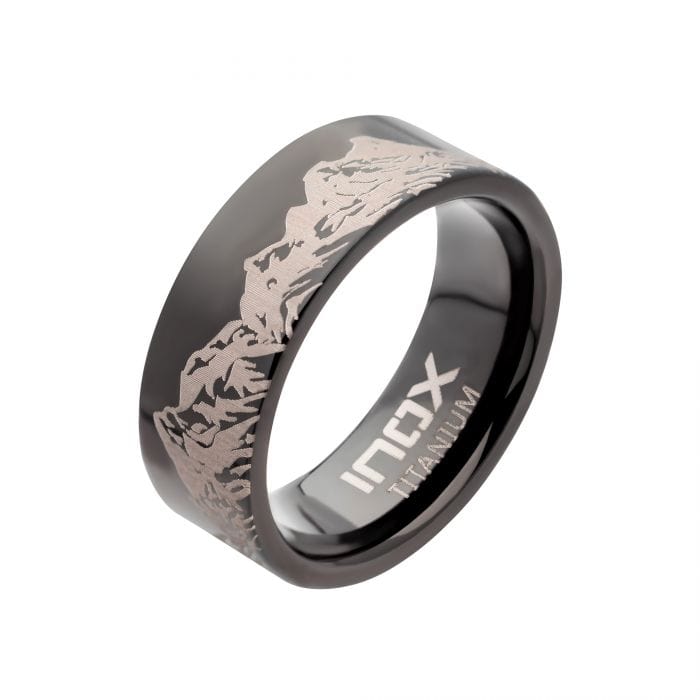INOX JEWELRY Rings Black and Silver Tone Titanium Mountain Ridge Landscape Design Comfort Fit Ring