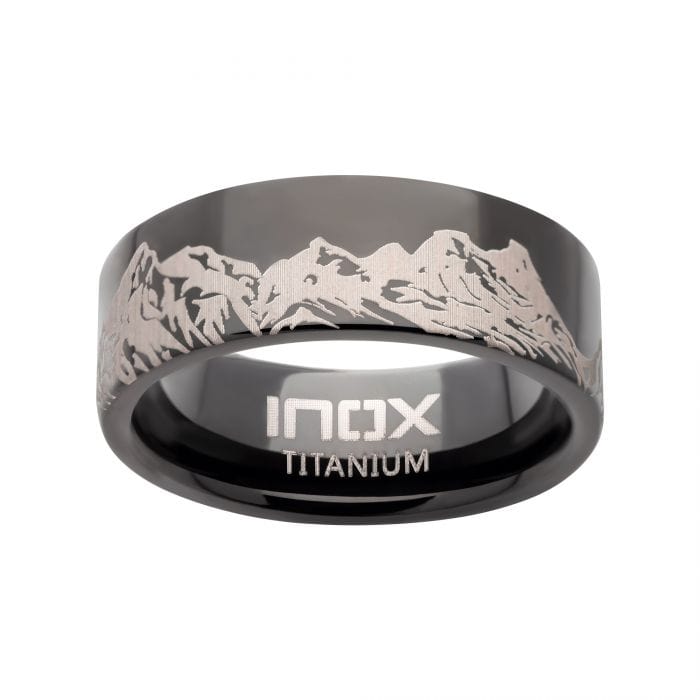 INOX JEWELRY Rings Black and Silver Tone Titanium Mountain Ridge Landscape Design Comfort Fit Ring