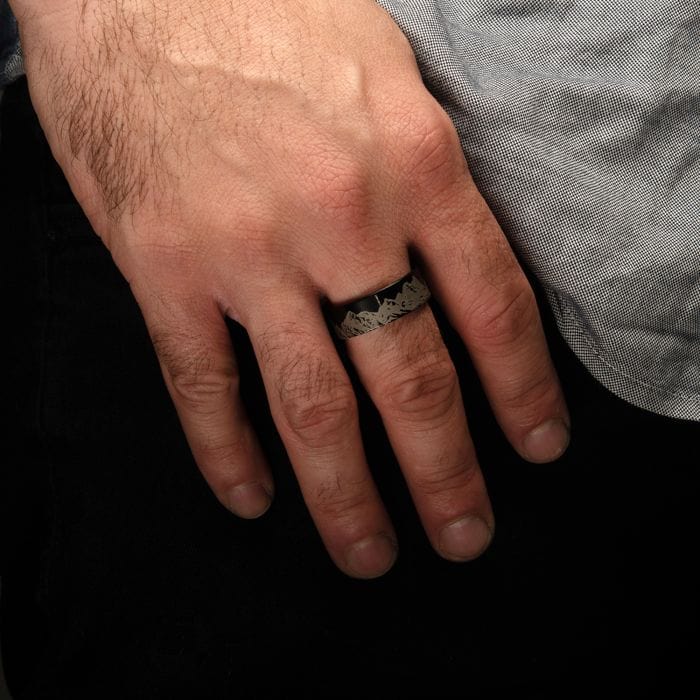INOX JEWELRY Rings Black and Silver Tone Titanium Mountain Ridge Landscape Design Comfort Fit Ring