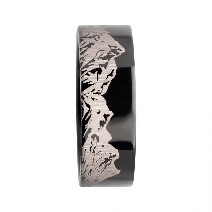 INOX JEWELRY Rings Black and Silver Tone Titanium Mountain Ridge Landscape Design Comfort Fit Ring