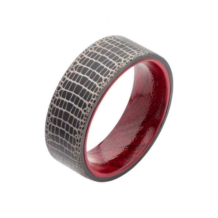 INOX JEWELRY Rings Black and Silver Tone Titanium Reptile Skin Design with Inner Rosewood Comfort Fit Ring