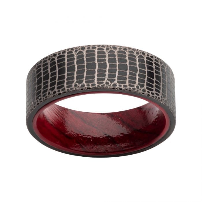 INOX JEWELRY Rings Black and Silver Tone Titanium Reptile Skin Design with Inner Rosewood Comfort Fit Ring