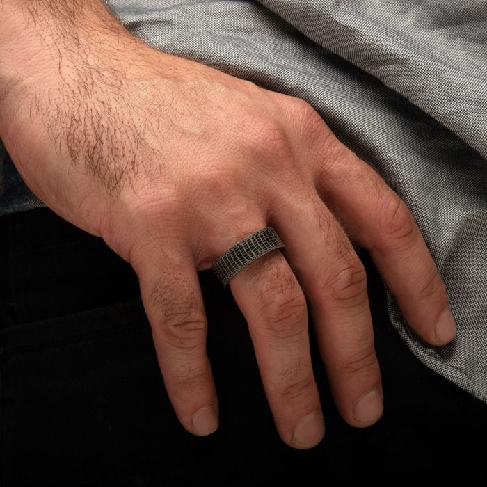 INOX JEWELRY Rings Black and Silver Tone Titanium Reptile Skin Design with Inner Rosewood Comfort Fit Ring