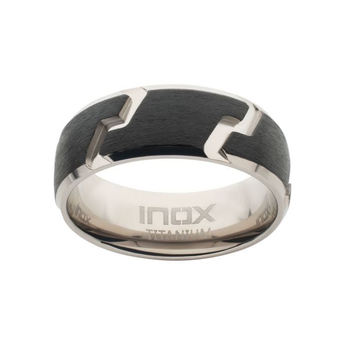 INOX JEWELRY Rings Black and Silver Tone Titanium Tread Pattern Band Ring