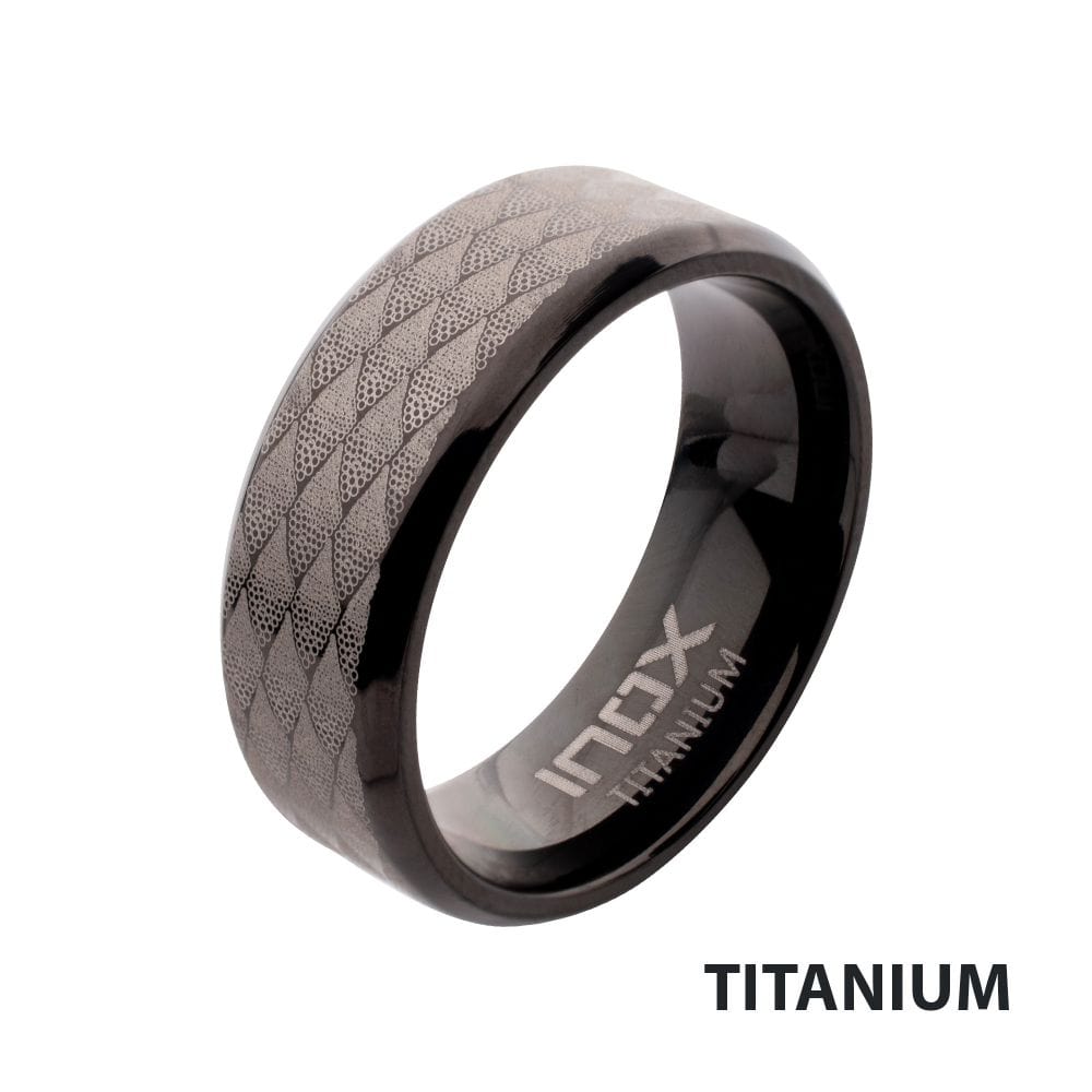INOX JEWELRY Rings Black IP Titanium Etched Fishskin Comfort Fit Ring