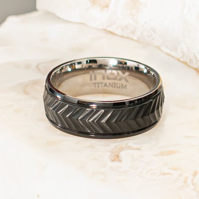 INOX JEWELRY Rings Black IP Titanium Matte Finish Chevron Comfort Fit Ring