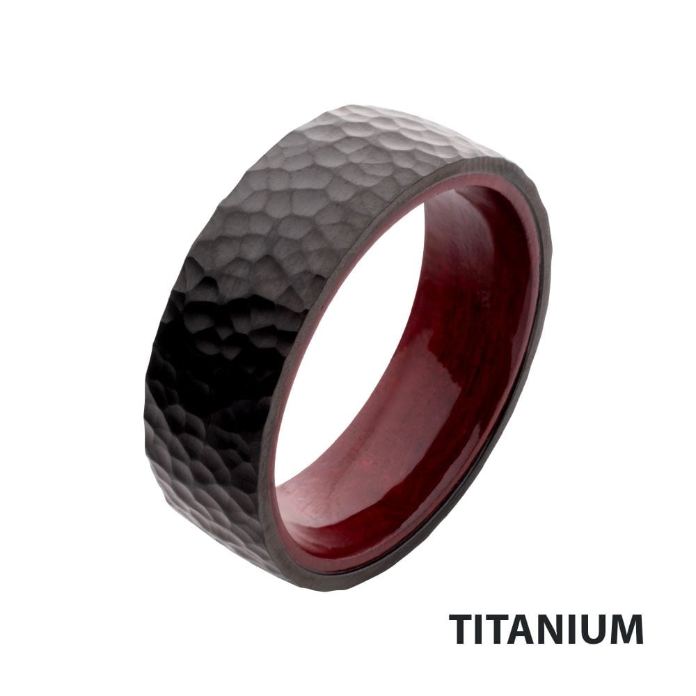 INOX JEWELRY Rings Black IP Titanium & Redwood Matte Finish Hammered Comfort Fit Ring