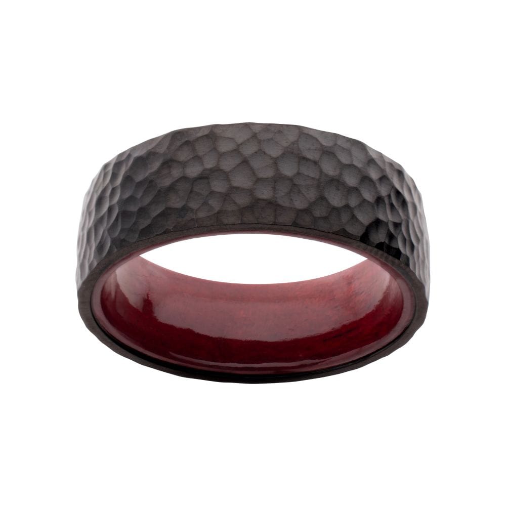 INOX JEWELRY Rings Black IP Titanium & Redwood Matte Finish Hammered Comfort Fit Ring