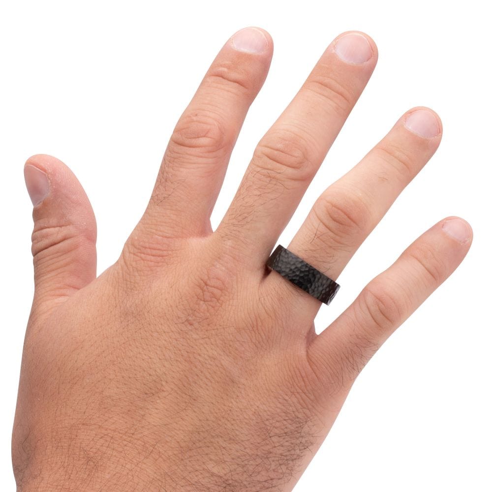 INOX JEWELRY Rings Black IP Titanium & Redwood Matte Finish Hammered Comfort Fit Ring