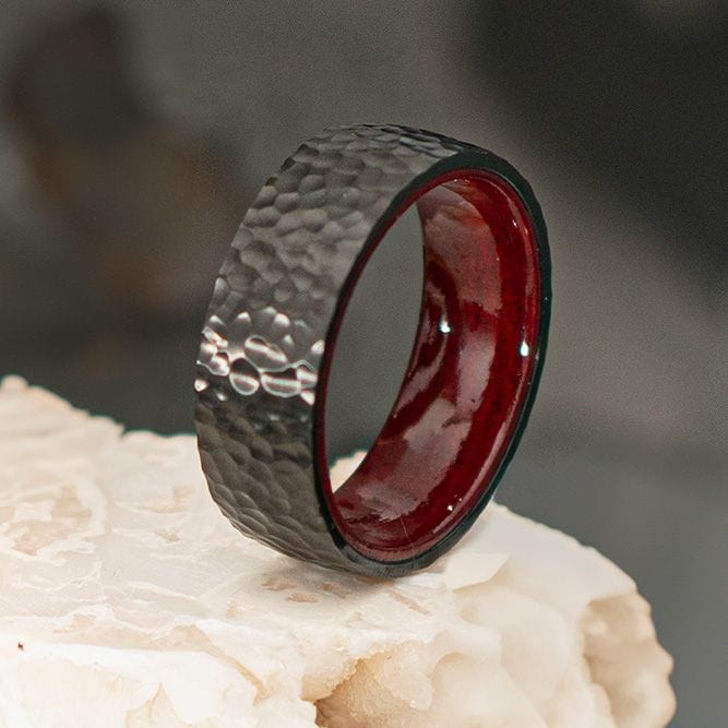INOX JEWELRY Rings Black IP Titanium & Redwood Matte Finish Hammered Comfort Fit Ring