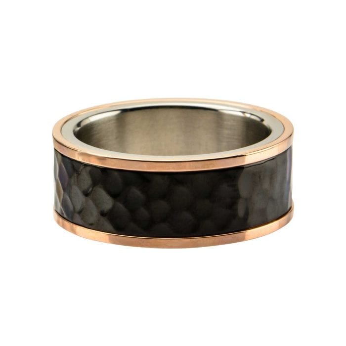INOX JEWELRY Rings Black, Rose, and Silver Tone Stainless Steel Hammered Finish Band Ring