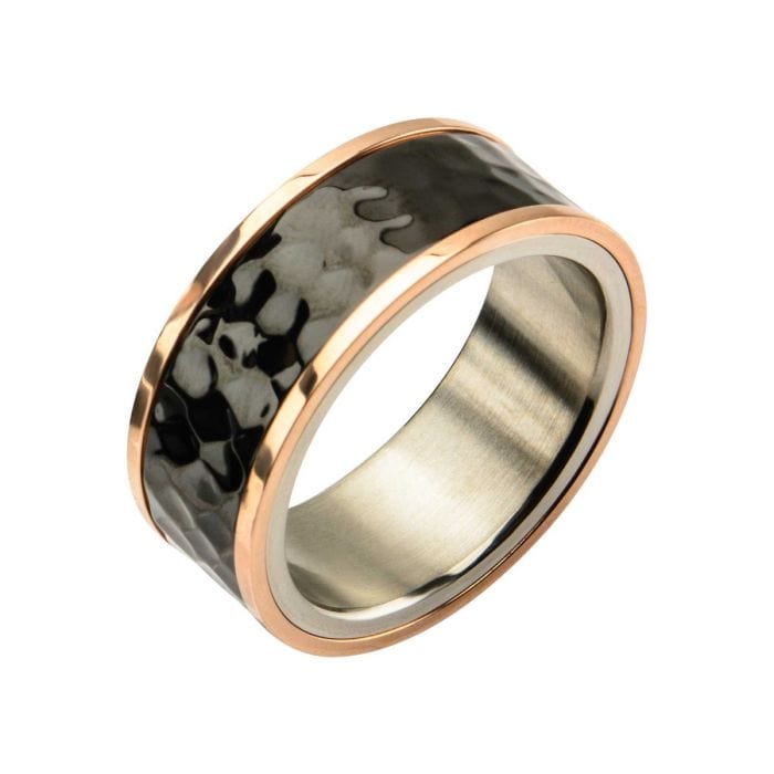 INOX JEWELRY Rings Black, Rose, and Silver Tone Stainless Steel Hammered Finish Band Ring