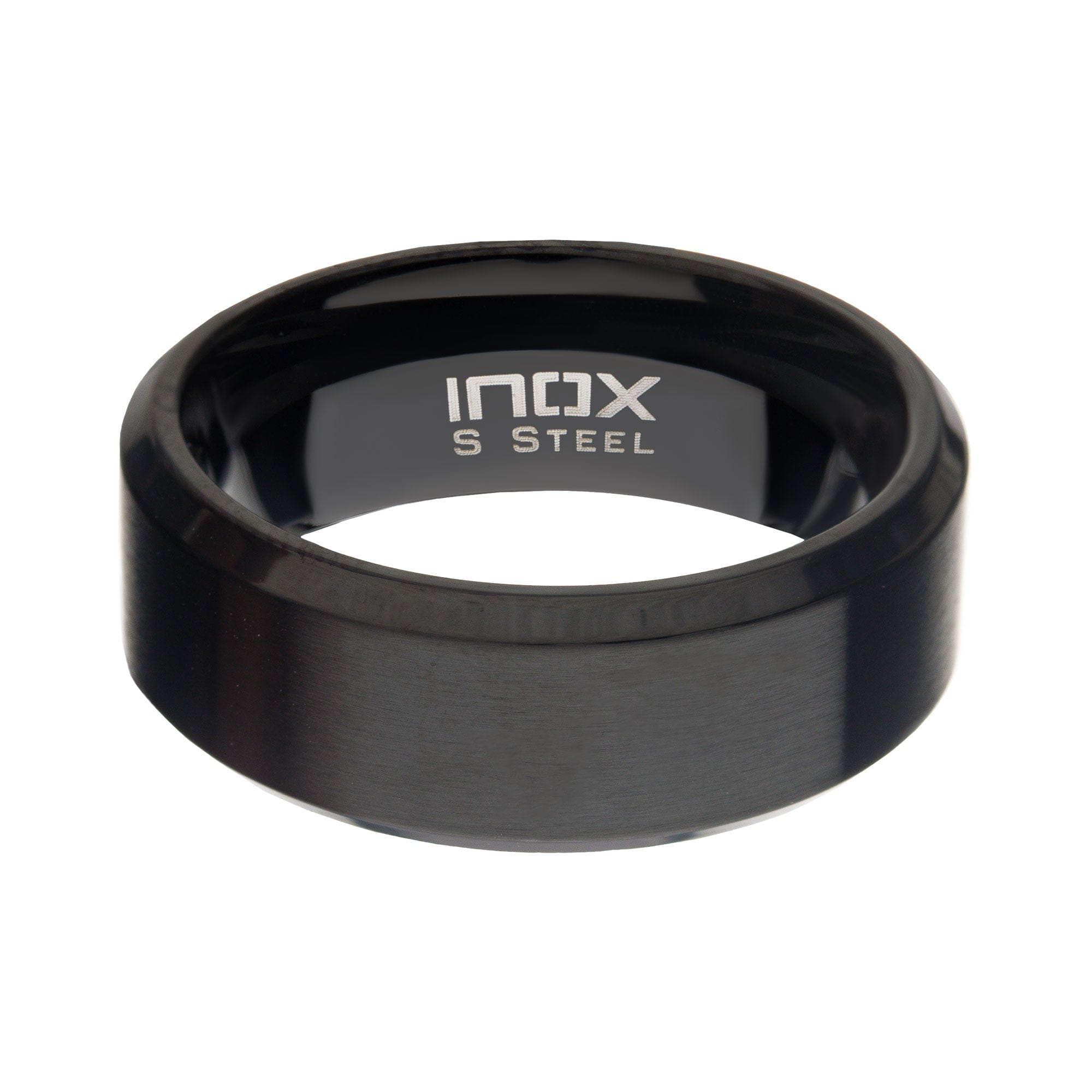 INOX JEWELRY Rings Black Stainless Steel 8mm Matte Finish Beveled Wedding Band Ring